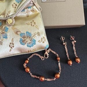 Honora Bronze Italy Golden Brown Pearl Bracelet & Earrings Set